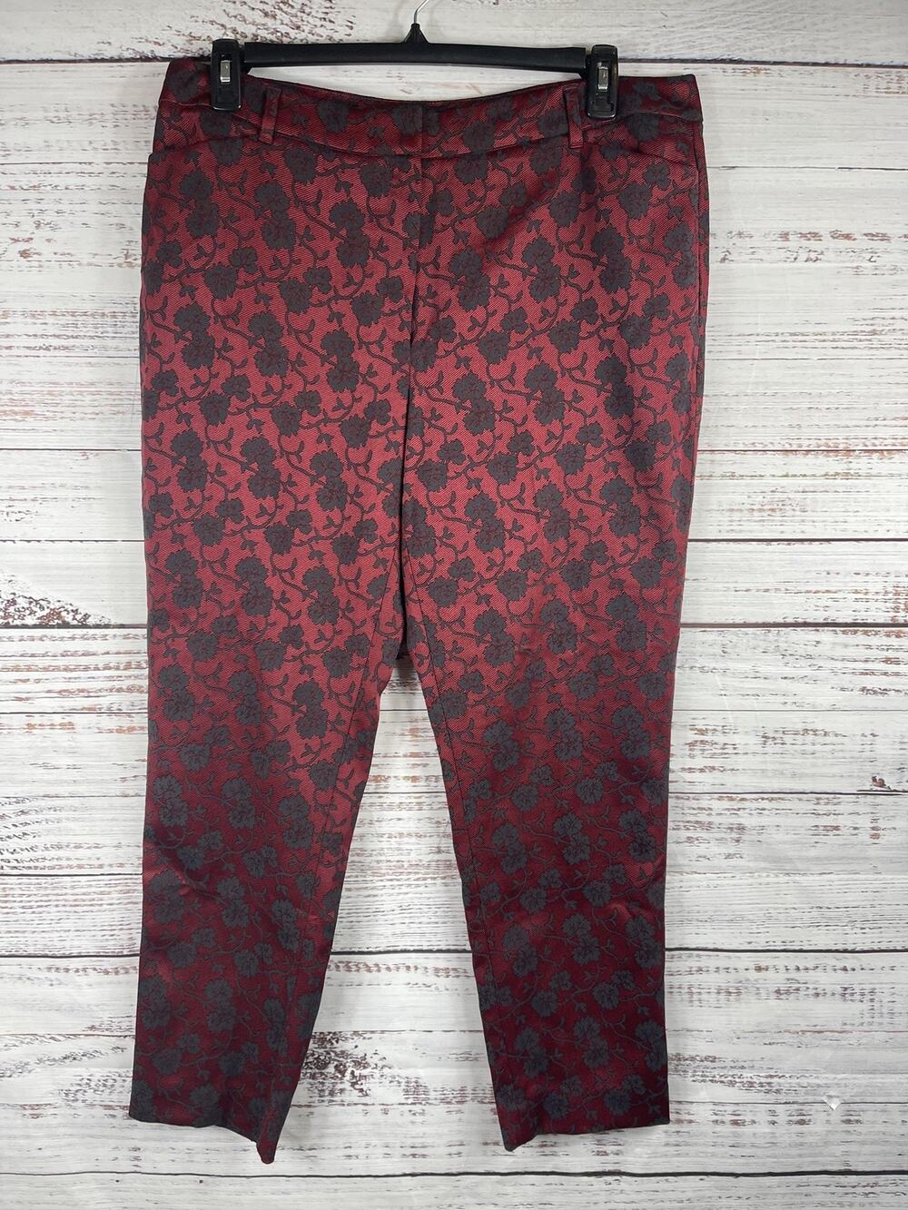 White House Black Market Pants Women's 16L Red Black Floral Slim Ankle Jacquard
